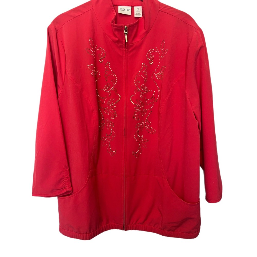 Chicos Zenergy Womens Jacket Large Coral 3/4 Sleeve Zipper Bling‎ Stretch